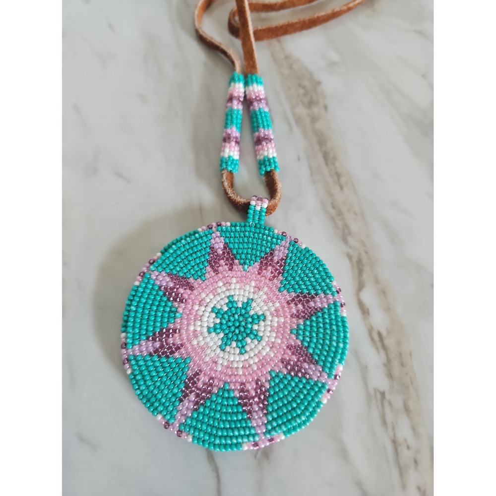Vintage Native American Beaded Medallion Necklace Leather Back